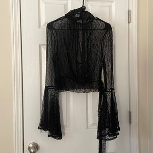 Free People Black Lace Crop Bell Sleeved Top